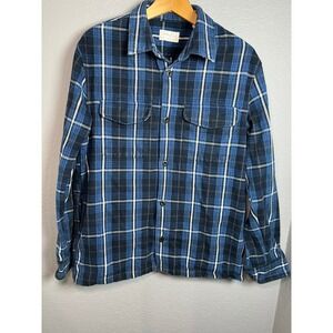 Cotton & Co Mens Blue Plaid Flannel Button Down Shirt Size Medium Long Sleeve